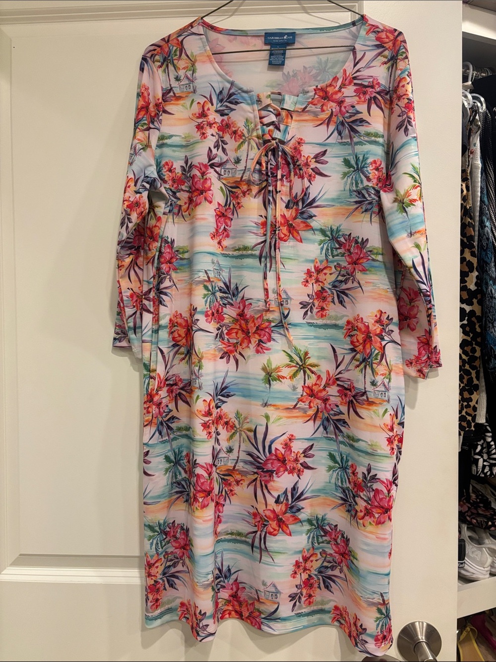 Caribbean Joe Floral Tie-Front Long Sleeve Dress in Pink and Teal